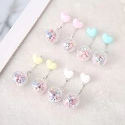 Candy Heart Pom Pom Earrings -Kawaii Fashion Shop 1Pair Cute Stud Earring Multicolours Heart Resin Crafts with Pompon Fashion Jewelry Gift 2