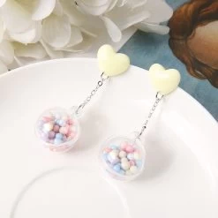 Candy Heart Pom Pom Earrings -Kawaii Fashion Shop 1Pair Cute Stud Earring Multicolours Heart Resin Crafts with Pompon Fashion Jewelry Gift 3