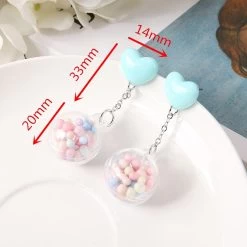 Candy Heart Pom Pom Earrings -Kawaii Fashion Shop 1Pair Cute Stud Earring Multicolours Heart Resin Crafts with Pompon Fashion Jewelry Gift 4