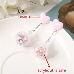 Candy Heart Pom Pom Earrings -Kawaii Fashion Shop 1Pair Cute Stud Earring Multicolours Heart Resin Crafts with Pompon Fashion Jewelry Gift 5