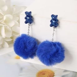Pom Pom Bear Kawaii Earrings -Kawaii Fashion Shop 1Pair Cute Stud Earrings Multicolours Bear Candy Charms Resin Crafts with Puffer Ball Fashion Jewelry Gift 3