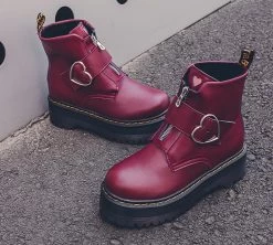 Kawaii Heart Buckle Combat Boots 13 Kawaii Heart Buckle Combat Boots -Kawaii Fashion Shop 2020 New Spring Autumn Motorcycle Boots Women Fashion Love Heart Round Toe Platform Wedges Combat Boots 5
