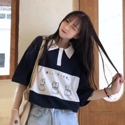 Sleepy Kitty Preppy Loose Oversize T-shirt 9 Sleepy Kitty Preppy Loose Oversize T-shirt -Kawaii Fashion Shop 2020 Women s T shirts Tops Japanese Kawaii Ulzzang Lazy College Cat Print Loose T shirt 2