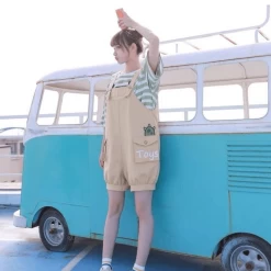 Kawaii Monster Stripe T-Shirt Pocket Overalls 12 Kawaii Monster Stripe T-Shirt Pocket Overalls -Kawaii Fashion Shop 2020 cute bib two piece suit Xia Tianmeisen female cartoon vitality girl student cute shorts short 4