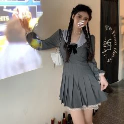 Korean Kawaii Sleeve Mini Dress 10 Korean Kawaii Sleeve Mini Dress -Kawaii Fashion Shop 2021 Autumn Kawaii Elegant Dress Women Casual Korean Fashion Party Mini Dresses Lace Long Sleeve College 1