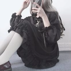 Japanese Harajuku Bow-knot Flounced Dress -Kawaii Fashion Shop 2021 Japanese Gothic Summer Chiffon Ruffle Dress Women Vintage Bow Bandage Ruffle Black Lolita Dresses Vestidos 3