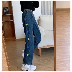 Sweet Hearts Embroidered Straight Pants -Kawaii Fashion Shop 2021 New Love Embroidery Pattern Jeans Y2k Tube Loose Thin High Waist Straight Retro Wide Leg 2
