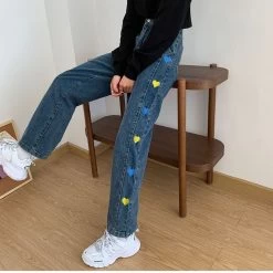 Sweet Hearts Embroidered Straight Pants -Kawaii Fashion Shop 2021 New Love Embroidery Pattern Jeans Y2k Tube Loose Thin High Waist Straight Retro Wide Leg 3