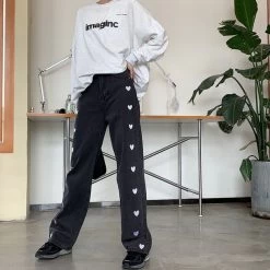 Sweet Hearts Embroidered Straight Pants -Kawaii Fashion Shop 2021 New Love Embroidery Pattern Jeans Y2k Tube Loose Thin High Waist Straight Retro Wide Leg 4