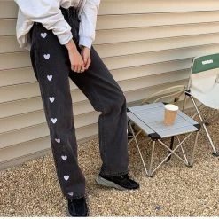 Sweet Hearts Embroidered Straight Pants -Kawaii Fashion Shop 2021 New Love Embroidery Pattern Jeans Y2k Tube Loose Thin High Waist Straight Retro Wide Leg 5