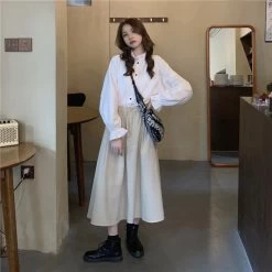 Vintage Linen High Waist Long Skirt -Kawaii Fashion Shop 2021 New Women Spring Vintage Cotton Linen Long Skirt Elastic High Waist A line Umbrella Faldas 2