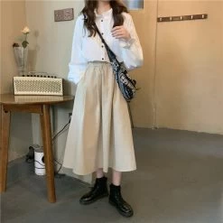 Vintage Linen High Waist Long Skirt -Kawaii Fashion Shop 2021 New Women Spring Vintage Cotton Linen Long Skirt Elastic High Waist A line Umbrella Faldas 4