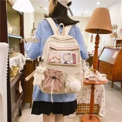 Kawaii Pink Female Backpack -Kawaii Fashion Shop 2021 Pink Female Backpack 3d Cartoon Bunny Anime School Bag Kawaii Teenage College Girls Solid Drawstring 1