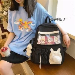 Kawaii Pink Female Backpack -Kawaii Fashion Shop 2021 Pink Female Backpack 3d Cartoon Bunny Anime School Bag Kawaii Teenage College Girls Solid Drawstring 2