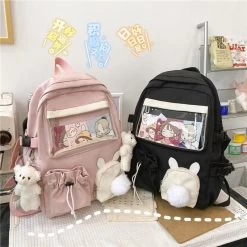 Kawaii Pink Female Backpack -Kawaii Fashion Shop 2021 Pink Female Backpack 3d Cartoon Bunny Anime School Bag Kawaii Teenage College Girls Solid Drawstring 3