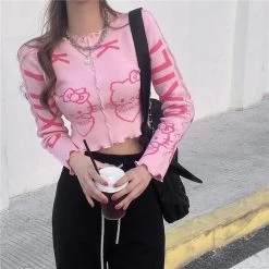 Kawaii Pink Cartoon Tight Sweater 9 Kawaii Pink Cartoon Tight Sweater -Kawaii Fashion Shop 2021 Spring and Autumn New Cartoon Kawaii Tight Sweater Women Short Half High Neck and Long 1