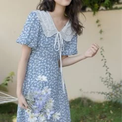 Summer Sweet Puff Sleeve Fairy Dress -Kawaii Fashion Shop 2021 Summer Sweet Elegant Dress Women Holiday Outing High Waist Blue Floral Casual Dress Female Puff 3