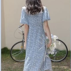 Summer Sweet Puff Sleeve Fairy Dress -Kawaii Fashion Shop 2021 Summer Sweet Elegant Dress Women Holiday Outing High Waist Blue Floral Casual Dress Female Puff 5