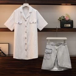 Stripe Long T-Shirt Belted Denim Skirt Set -Kawaii Fashion Shop 2021 Summer Two piece Women Set Casual Striped Long Shirt irregular Belt Denim A line Skirt 2