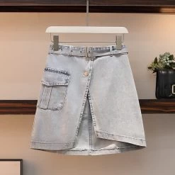 Stripe Long T-Shirt Belted Denim Skirt Set -Kawaii Fashion Shop 2021 Summer Two piece Women Set Casual Striped Long Shirt irregular Belt Denim A line Skirt 3
