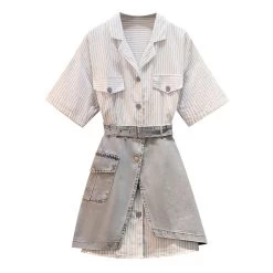 Stripe Long T-Shirt Belted Denim Skirt Set -Kawaii Fashion Shop 2021 Summer Two piece Women Set Casual Striped Long Shirt irregular Belt Denim A line Skirt 4