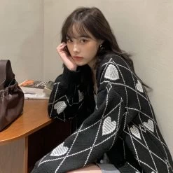 Grunge Heart & Argyle Pattern Cardigan -Kawaii Fashion Shop 2021 autumn Winter korean style Love Embroidery knittd cardigans womens loose sweaters Cardigans womens C8213 1