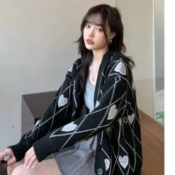 Grunge Heart & Argyle Pattern Cardigan -Kawaii Fashion Shop 2021 autumn Winter korean style Love Embroidery knittd cardigans womens loose sweaters Cardigans womens C8213 2