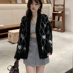 Grunge Heart & Argyle Pattern Cardigan -Kawaii Fashion Shop 2021 autumn Winter korean style Love Embroidery knittd cardigans womens loose sweaters Cardigans womens C8213 3