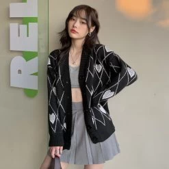 Grunge Heart & Argyle Pattern Cardigan -Kawaii Fashion Shop 2021 autumn Winter korean style Love Embroidery knittd cardigans womens loose sweaters Cardigans womens C8213 4