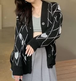 Grunge Heart & Argyle Pattern Cardigan -Kawaii Fashion Shop 2021 autumn Winter korean style Love Embroidery knittd cardigans womens loose sweaters Cardigans womens C8213 5