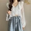 Kawaii Plunging Sheer Falbala Crop Top 1 Kawaii Plunging Sheer Falbala Crop Top -Kawaii Fashion Shop 2021 new Hot selling women tops korean fashion long sleeve blouse casual ladies work button up