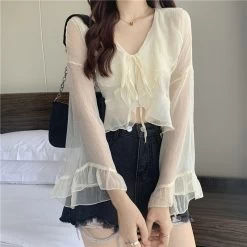 Kawaii Plunging Sheer Falbala Crop Top -Kawaii Fashion Shop 2021 new Hot selling women tops korean fashion long sleeve blouse casual ladies work button up 2