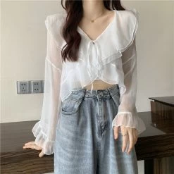 Kawaii Plunging Sheer Falbala Crop Top -Kawaii Fashion Shop 2021 new Hot selling women tops korean fashion long sleeve blouse casual ladies work button up 3