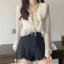 Kawaii Plunging Sheer Falbala Crop Top -Kawaii Fashion Shop 2021 new Hot selling women tops korean fashion long sleeve blouse casual ladies work button up 4