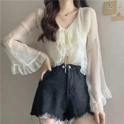 Kawaii Plunging Sheer Falbala Crop Top -Kawaii Fashion Shop 2021 new Hot selling women tops korean fashion long sleeve blouse casual ladies work button up 5