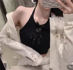 Kawaii Bowknot Knitted Crop Top 12 Kawaii Bowknot Knitted Crop Top -Kawaii Fashion Shop 2021 summer new crop tops sexy bow halter knitted tank top off shoulder omighty solid color 4