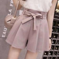 Bow Tie Kawaii Shorts -Kawaii Fashion Shop 2022 New Korean Chic Lace Up Bowknot High Waist Shorts Womens Fashion Pleated Wide Leg Shorts 4