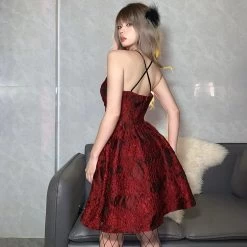 Vintage Backless Lace Up Dress 11 Vintage Backless Lace Up Dress -Kawaii Fashion Shop 2022 New Women Jacquard Fabric Waist Lace Up A line Dress High Waist Thin Suspender Backless 3