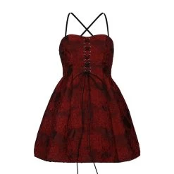 Vintage Backless Lace Up Dress 12 Vintage Backless Lace Up Dress -Kawaii Fashion Shop 2022 New Women Jacquard Fabric Waist Lace Up A line Dress High Waist Thin Suspender Backless 4