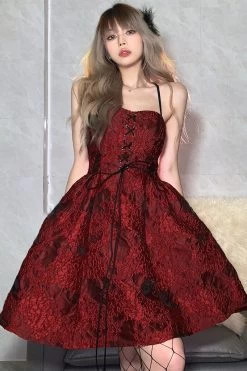 Vintage Backless Lace Up Dress 13 Vintage Backless Lace Up Dress -Kawaii Fashion Shop 2022 New Women Jacquard Fabric Waist Lace Up A line Dress High Waist Thin Suspender Backless 5