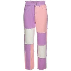 Pink Purple Denim Pant -Kawaii Fashion Shop 2022 New hip hop autumn Blue Pink patchwork Jeans women High waist Hip hop straight Jeans 5