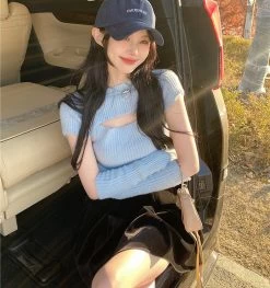 Korean Knitted Sweater Crop Tops -Kawaii Fashion Shop 2022 Spring Knitted Sweater Women Casual Pure Color Sexy Slim Y2k Crop Tops Female Korean Style 2