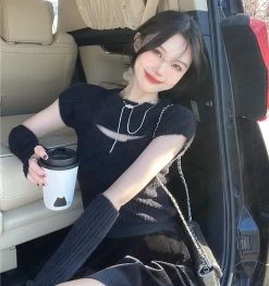 Korean Knitted Sweater Crop Tops -Kawaii Fashion Shop 2022 Spring Knitted Sweater Women Casual Pure Color Sexy Slim Y2k Crop Tops Female Korean Style 3