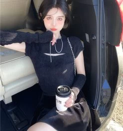 Korean Knitted Sweater Crop Tops -Kawaii Fashion Shop 2022 Spring Knitted Sweater Women Casual Pure Color Sexy Slim Y2k Crop Tops Female Korean Style 5