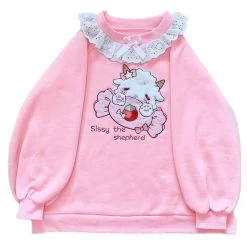 Sissy The Shepherd Kawaii Pullover 12 Sissy The Shepherd Kawaii Pullover -Kawaii Fashion Shop 2022 Spring Women Lace Neck Cute Hoodies Harajuku Kawaii Sweatshirt Lolita Girl Pink Pullover Lamb And 4