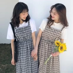 Kawaii Plaid Fashion Pinafore Summer Dress 11 Kawaii Plaid Fashion Pinafore Summer Dress -Kawaii Fashion Shop 2022 Summer Spaghetti Strap Plaid Dress High Waist Sleeveless Long Women Dress Casual Loose Kawaii Dresses 3