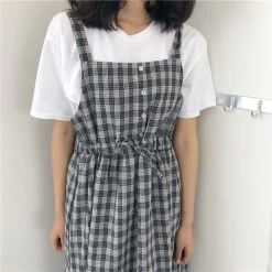Kawaii Plaid Fashion Pinafore Summer Dress 13 Kawaii Plaid Fashion Pinafore Summer Dress -Kawaii Fashion Shop 2022 Summer Spaghetti Strap Plaid Dress High Waist Sleeveless Long Women Dress Casual Loose Kawaii Dresses 5