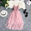 Ruffle Bottom Dress -Kawaii Fashion Shop 2022 SummerVintage Sleeveless Sling Gauze Lace Tulle Dress Sexy FashionWomen Tunic Long Mesh Pink BlackDresses