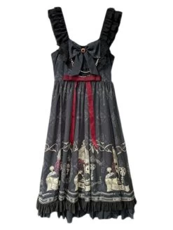Gothic Ruffles Bows Floral Print Black Lolita Dresses -Kawaii Fashion Shop 202206061339417686471