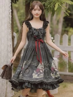 Gothic Ruffles Bows Floral Print Black Lolita Dresses -Kawaii Fashion Shop 202206061339422779468
